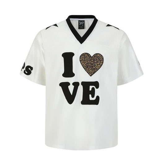 Heart-shaped Color-blocked Leopard Print Mesh Short-sleeved T-shirt Men's Summer Sports Loose V-neck Jersey Breathable Quick-dry Design Sense
