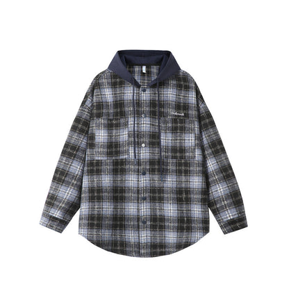 Fake two checkered hooded men's shirts