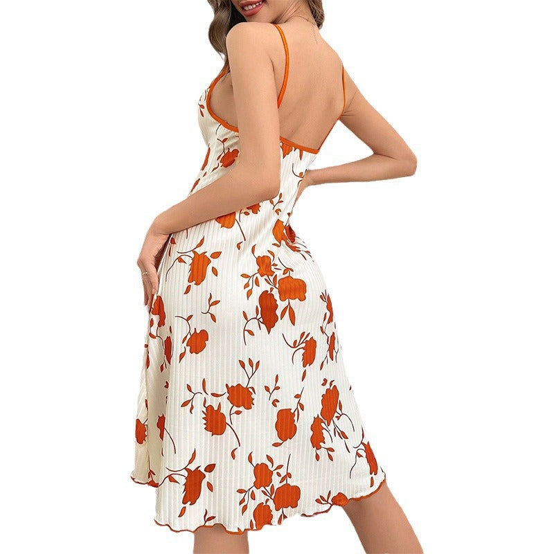 Sexy Printed Strap Nightgown Dress with Front Tie Rope -