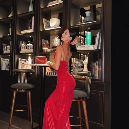 Sleeveless camisole dress slim fit solid color hip hugging evening gown