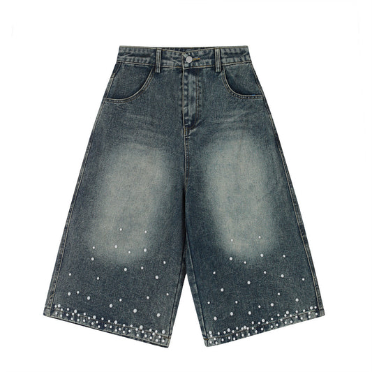 Unique Design Beaded Straight Jeans Shorts Individual Color Clash Faded Washed Five-Point Pants High Street Fashion Men's Clothing