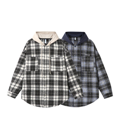 Fake two checkered hooded men's shirts