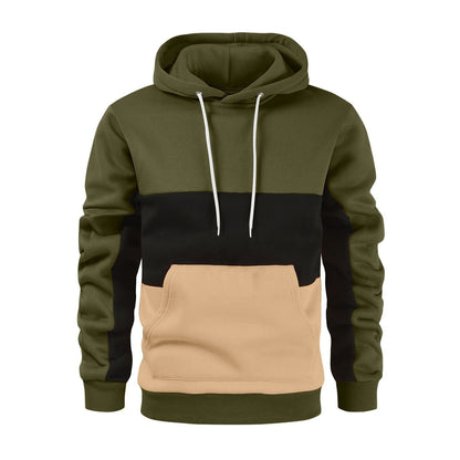 New autumn and winter men's warm plush hoodie, fashionable color blocking casual pullover hoodie, sports hoodie