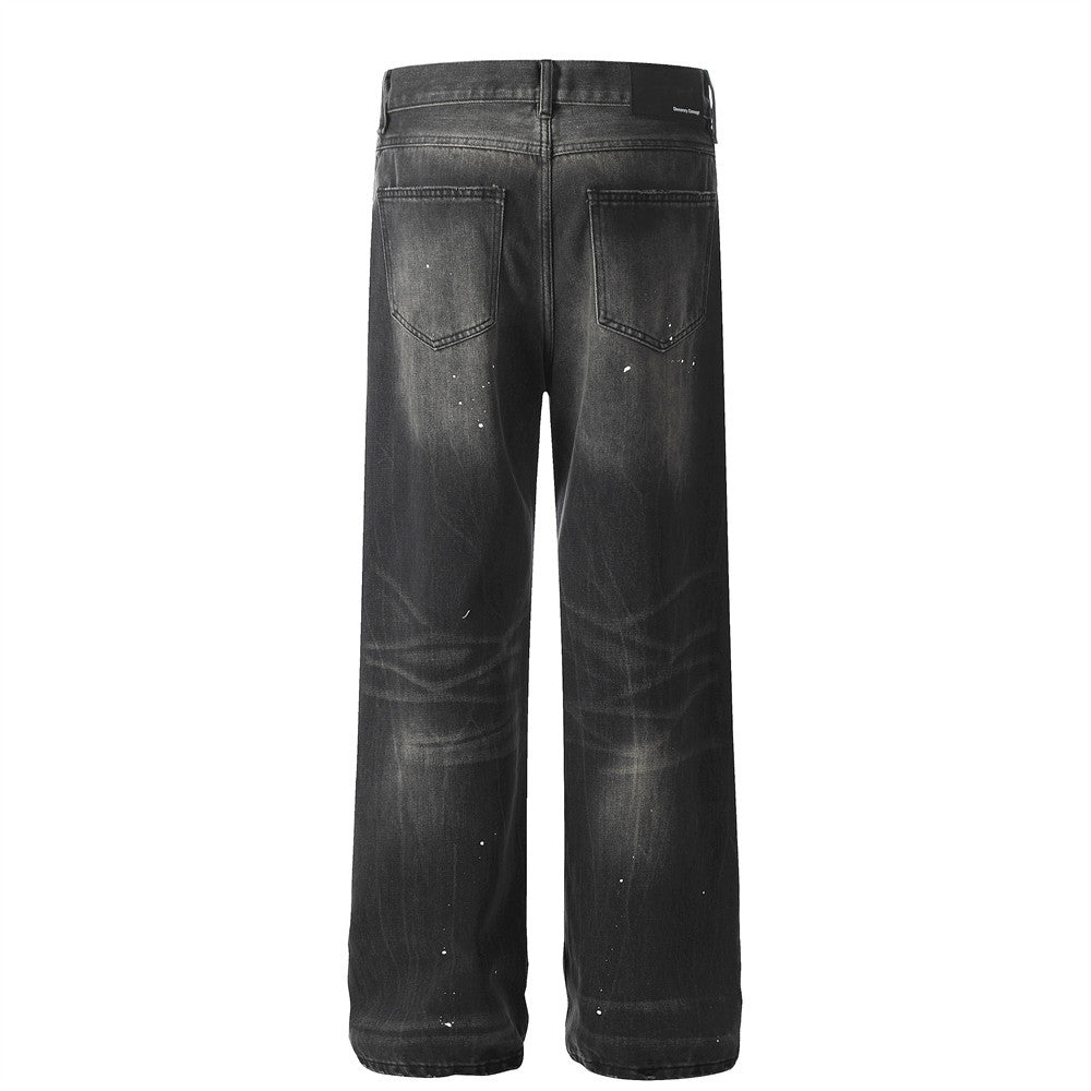 Vintage Washed Distressed Loose Fit Denim Trousers with Ripple Splash Ink Design Wide Leg Straight Pants for Men