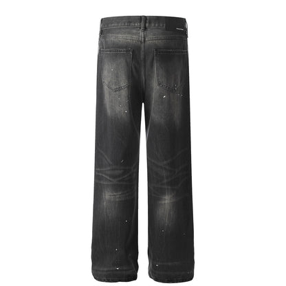 Vintage Washed Distressed Loose Fit Denim Trousers with Ripple Splash Ink Design Wide Leg Straight Pants for Men