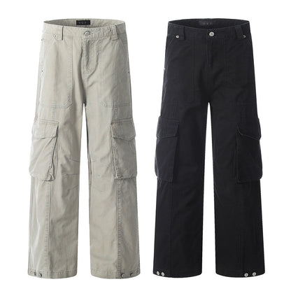 High Street Wide-Leg Work Pants Men's Vibe Trendy Pleated Multi-Pocket Design Solid Color Loose Straight Leg Long Pants