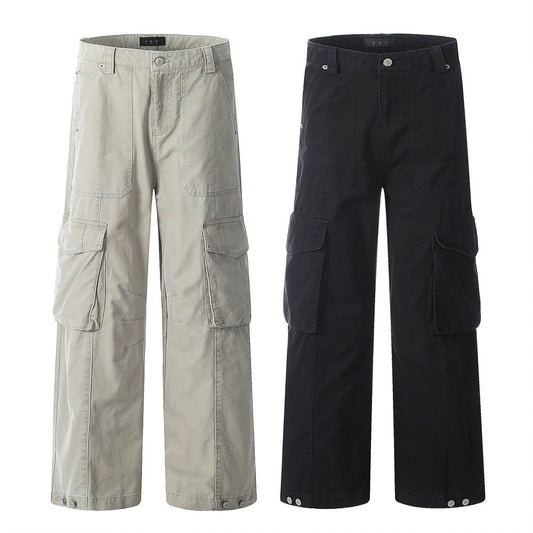 High Street Wide-Leg Work Pants Men's Vibe Trendy Pleated Multi-Pocket Design Solid Color Loose Straight Leg Long Pants
