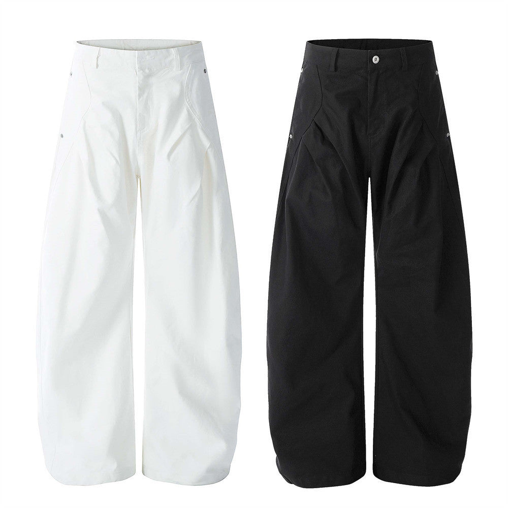 Loose Wide-Leg Scissors Pants Men's Long Pants Vibe Trendy Pleated Pockets Reverse Installation Design Solid Color Versatile Banana Pants