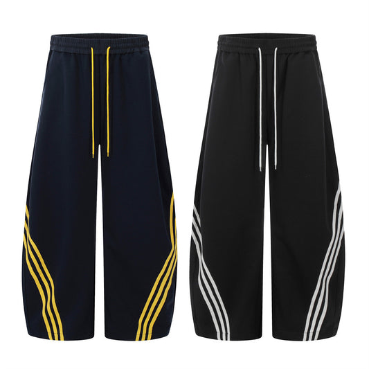 Color Block Three-Stripes Curved Knife Casual Pants Men's INS Trendy Design Sporty Loose Wide-Leg Long Pants