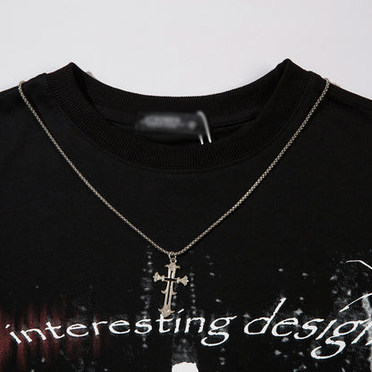 Dark Street Cross Loose Short Sleeve Necklace T-Shirt Men's Summer Metal Chain Decorated Personality Tee Trendy