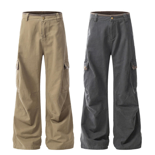 Trendy Workwear Wide-Leg Long Pants Men's Vibe American Retro Pleated Knee Design Solid Color Loose Flared Trousers