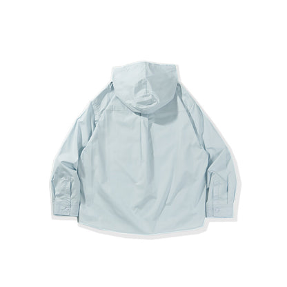 Solid color pocket hooded casual loose shirt