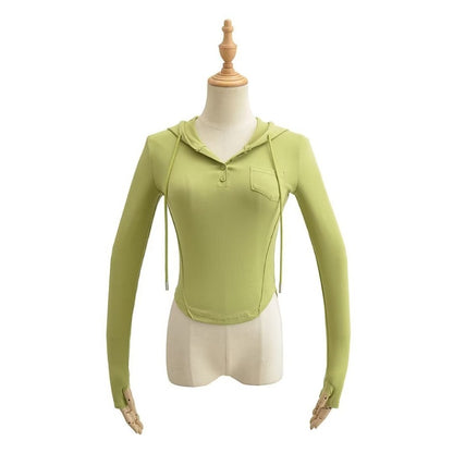 Fashion Women's New Solid Color Curved Tight Coat Hoodie Drawstring Pocket Hoodie