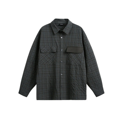 Color blocking plaid long sleeved shirt for men