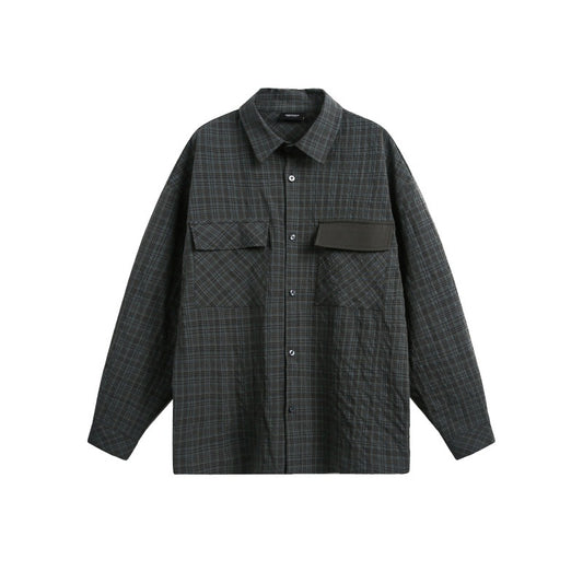 Color blocking plaid long sleeved shirt for men