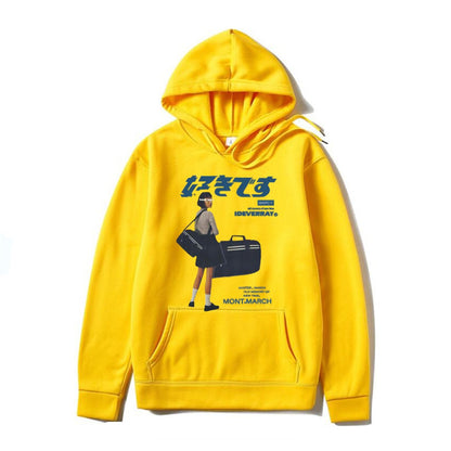 Japanese character printed casual hoodie for men and women, loose couple hooded hoodie