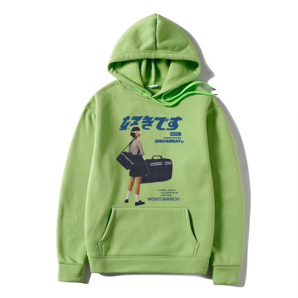 Japanese character printed casual hoodie for men and women, loose couple hooded hoodie