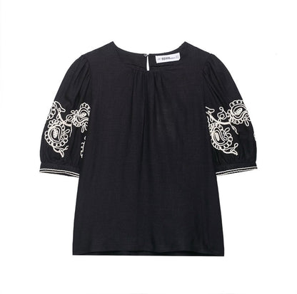 Summer New  Style Women's Fashion Casual Short Sleeve Embroidered Top Wide Leg Pants