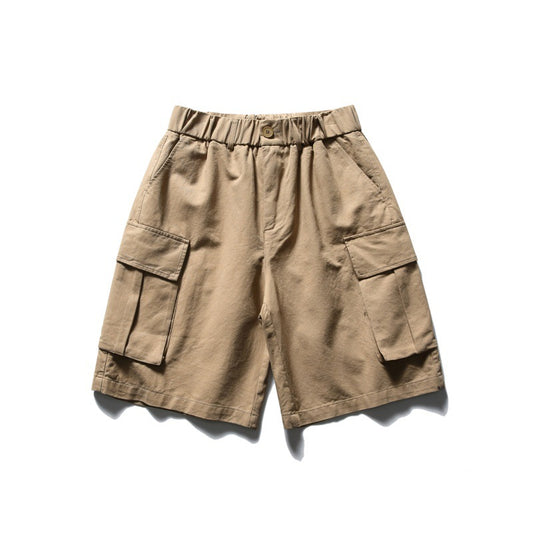 Solid color heavy-duty washed large pocket loose workwear shorts for men