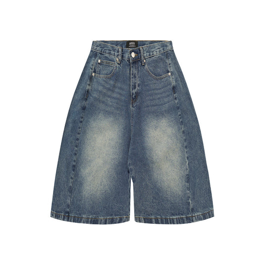 Punk Washed Distressed Denim Shorts Men's Loose Wide-Leg Daily Casual Pants Deconstructed Patchwork Straight Leg Knee-Length Pants