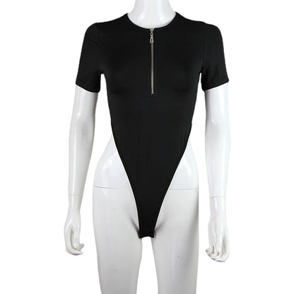 High elasticity zipper versatile base shirt short sleeved jumpsuit