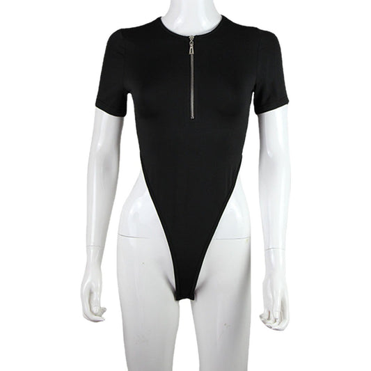 High elasticity zipper versatile base shirt short sleeved jumpsuit