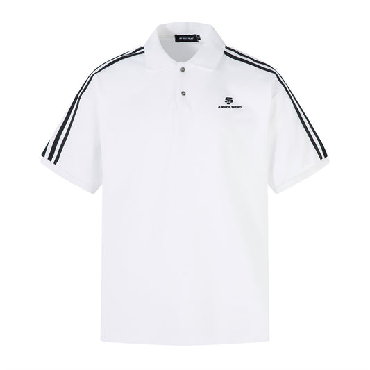 Three Stripes Sports Polo Shirt Men's Summer INS European and American Trend Splicing Loose Casual Turn-down Collar Short Sleeve T-Shirt