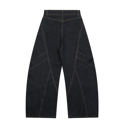 Multi-Button Decorative Slant Knife Denim Pants Men's High Street Loose Design Topstitching Wide Leg Long Trousers