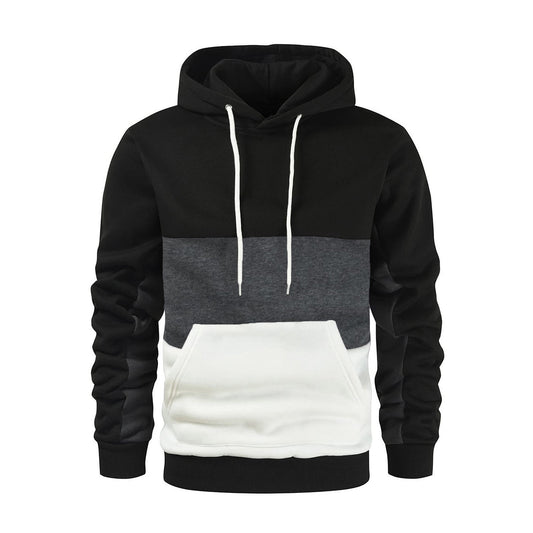 New autumn and winter men's warm plush hoodie, fashionable color blocking casual pullover hoodie, sports hoodie