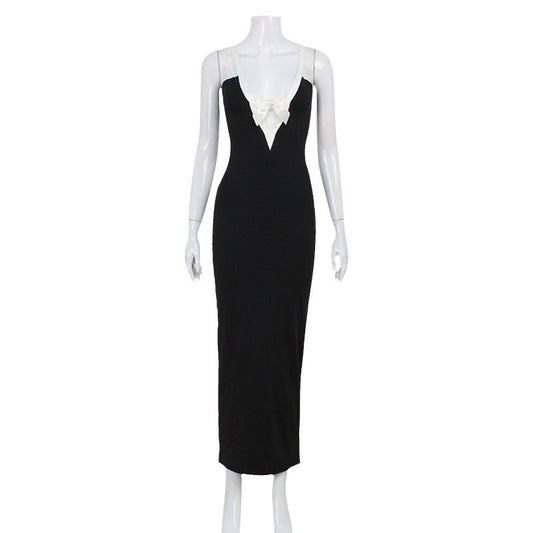 Strap Dress Solid Color Temptation Bow Decoration Splicing Color Temperament Long Dress