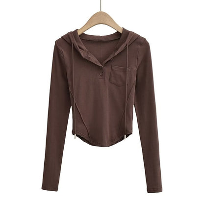 Fashion Women's New Solid Color Curved Tight Coat Hoodie Drawstring Pocket Hoodie