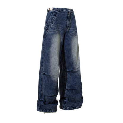 Printed Faded Workwear Denim Long Pants Men Oversize Hip Hop Trendy Pleated Frayed Loose Wide Leg Straight Trousers