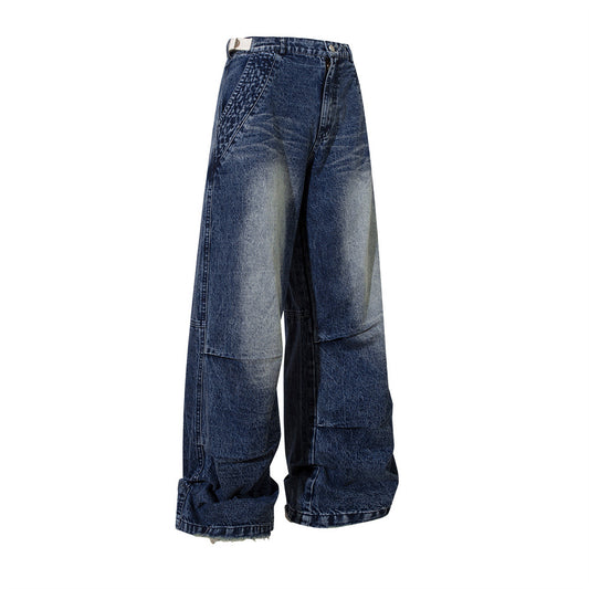 Printed Faded Workwear Denim Long Pants Men Oversize Hip Hop Trendy Pleated Frayed Loose Wide Leg Straight Trousers