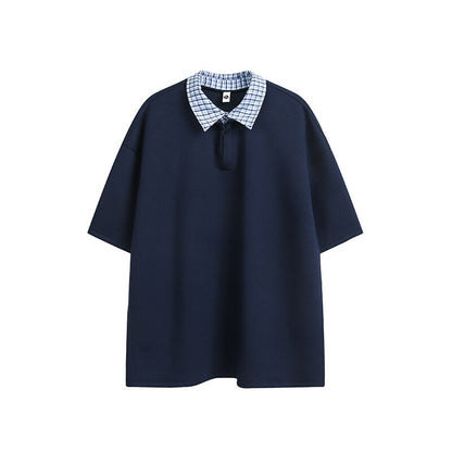 Checkered patchwork lapel fake two loose half sleeved polo shirts