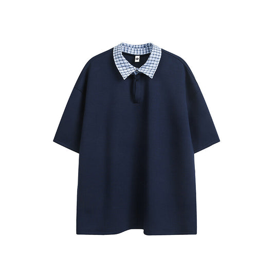 Checkered patchwork lapel fake two loose half sleeved polo shirts