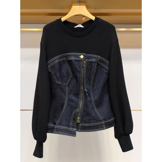 Design inspired top, fashionable and age reducing denim patchwork hoodie, women's fashion trend