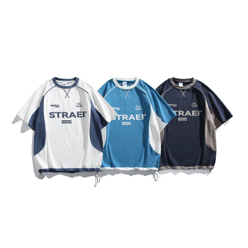 Color blocking splicing short sleeved men's and women's loose T-shirt