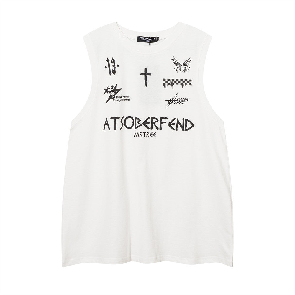 Hip Hop Trendy Letter Cross Print Casual Tank Top Summer Men's INS Sports Loose Sleeveless Vest T-Shirt