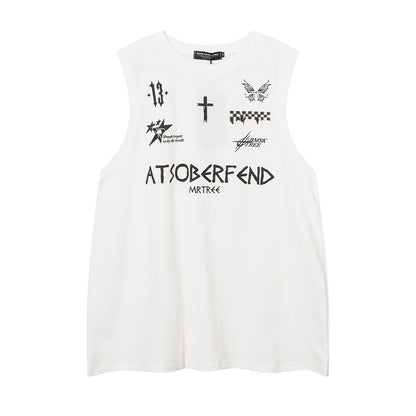 Hip Hop Trendy Letter Cross Print Casual Tank Top Summer Men's INS Sports Loose Sleeveless Vest T-Shirt