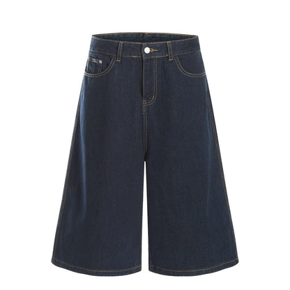 Embroidered Denim Shorts with Letter Pattern for Men, Loose Fit, Casual Washed Straight Leg Mid-Length Pants