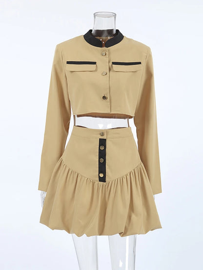 Colorblock Two Piece Set For Women O Neck Long Sleeve Coat High Waist Spliced Button Skirt Slimming Sets Female New