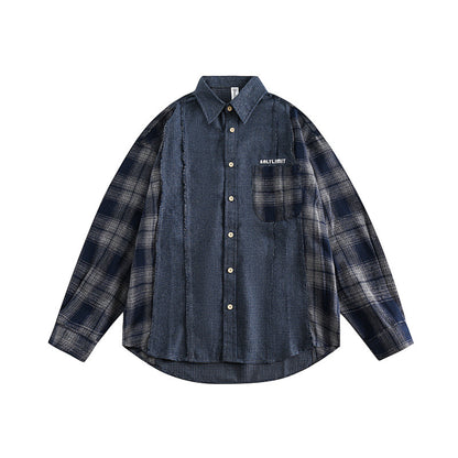 Plaid patchwork denim collar men's and women's shirt