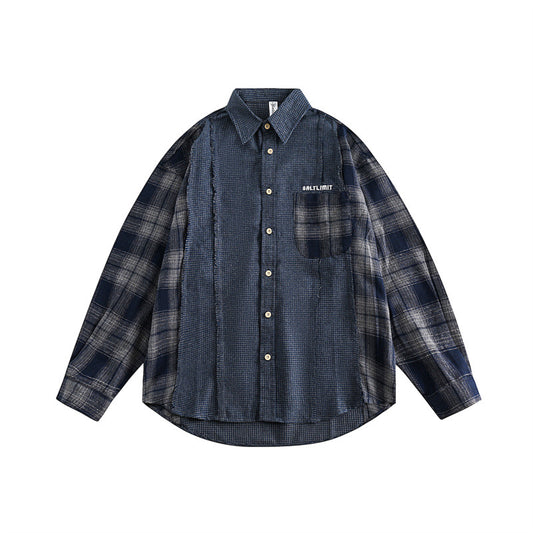 Plaid patchwork denim collar men's and women's shirt