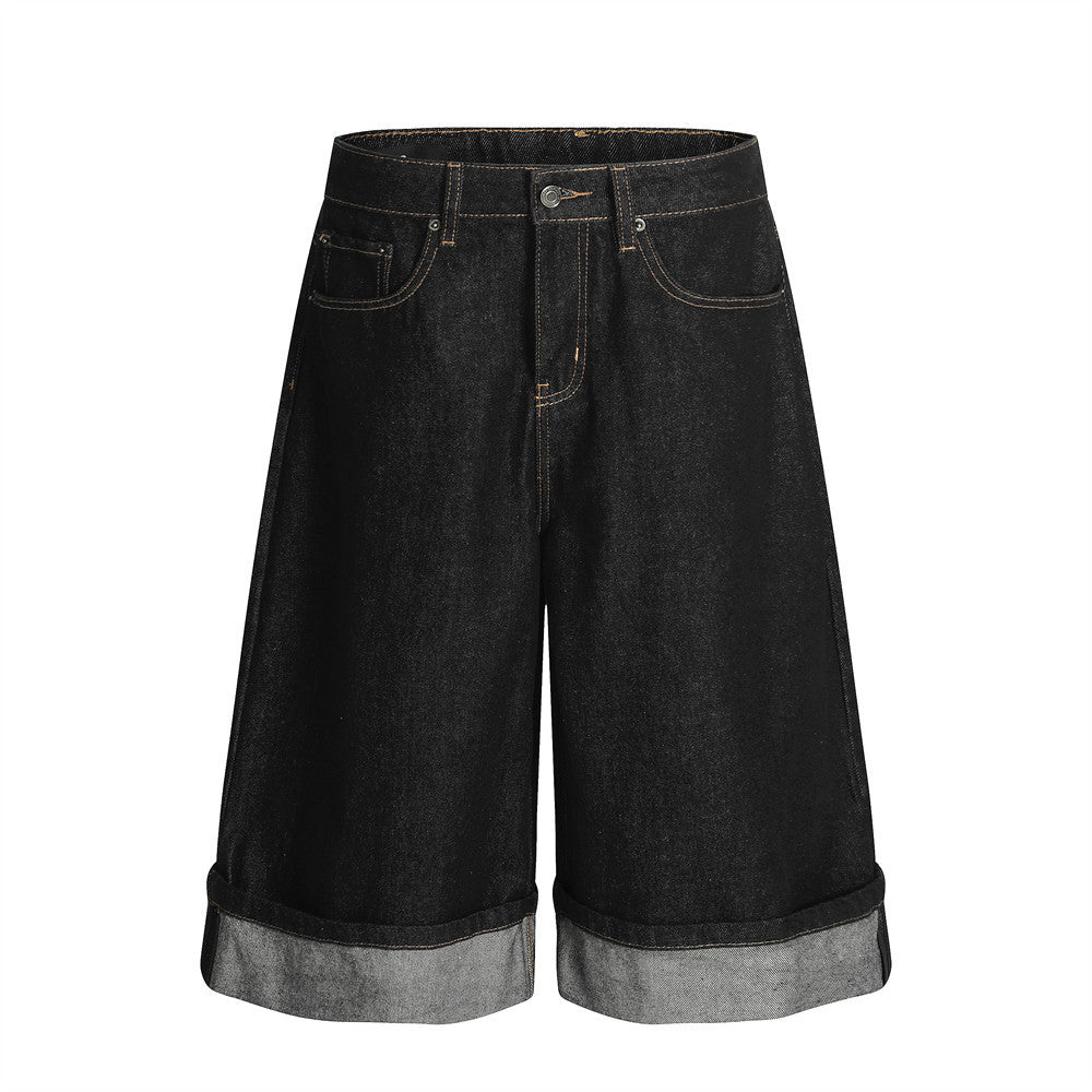 Color Block Turn-up Straight Jeans Shorts Men's Fashion Brand Topstitching Design Rolled Hem Loose Wide-leg Five-point Pants