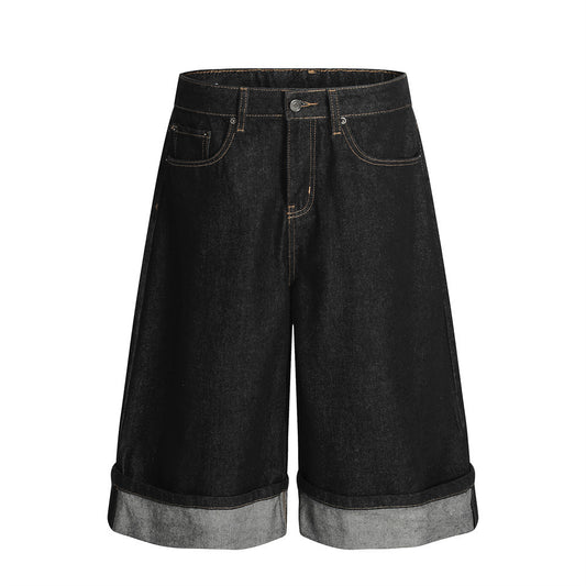 Color Block Turn-up Straight Jeans Shorts Men's Fashion Brand Topstitching Design Rolled Hem Loose Wide-leg Five-point Pants