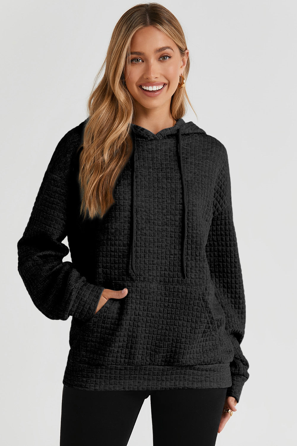Fiery Red Quilted Kangaroo Pocket Drawstring Hoodie