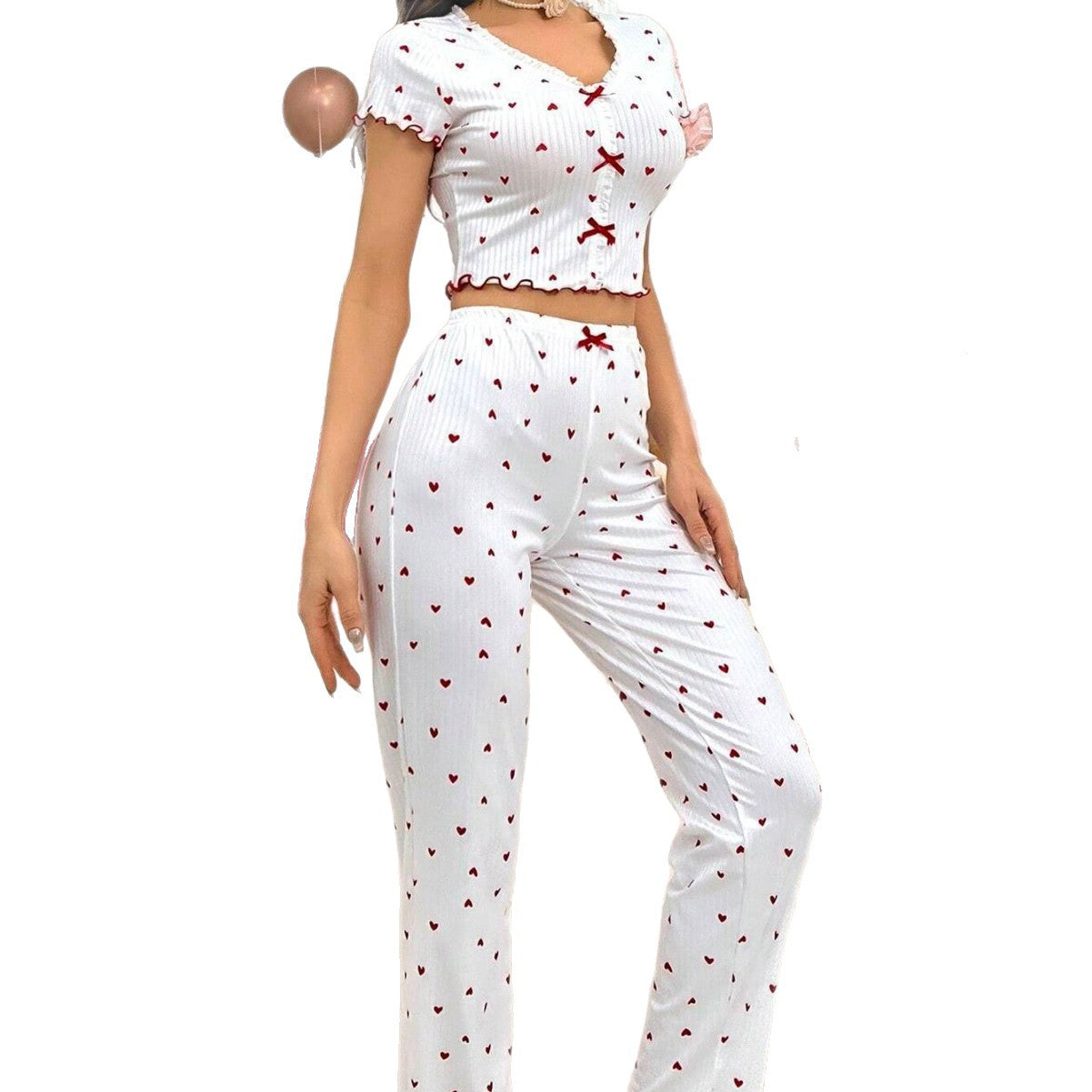 Style Printed Heart V-Neck Short Sleeve Pajamas for Women with Long Pants Two-Piece Set
