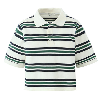 Summer New Women's Style Striped Polo Collar Loose T-Shirt Top
