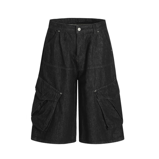 Loose Workwear Denim Shorts Men High Street Fashion 3D Large Pocket Design Solid Color Casual Wide-Leg Five-Point Pants