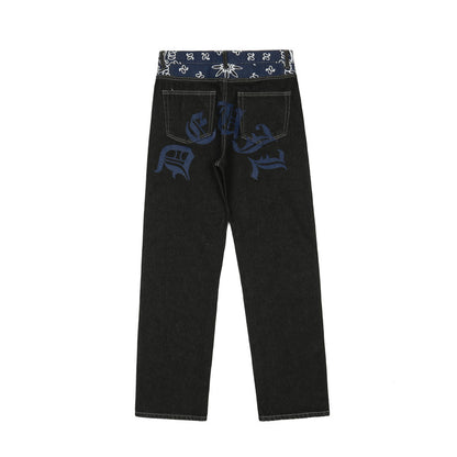Letter Print Color Block Splicing Denim Pants Men's Loose Straight Leg Long Trousers Trendy Casual Pants